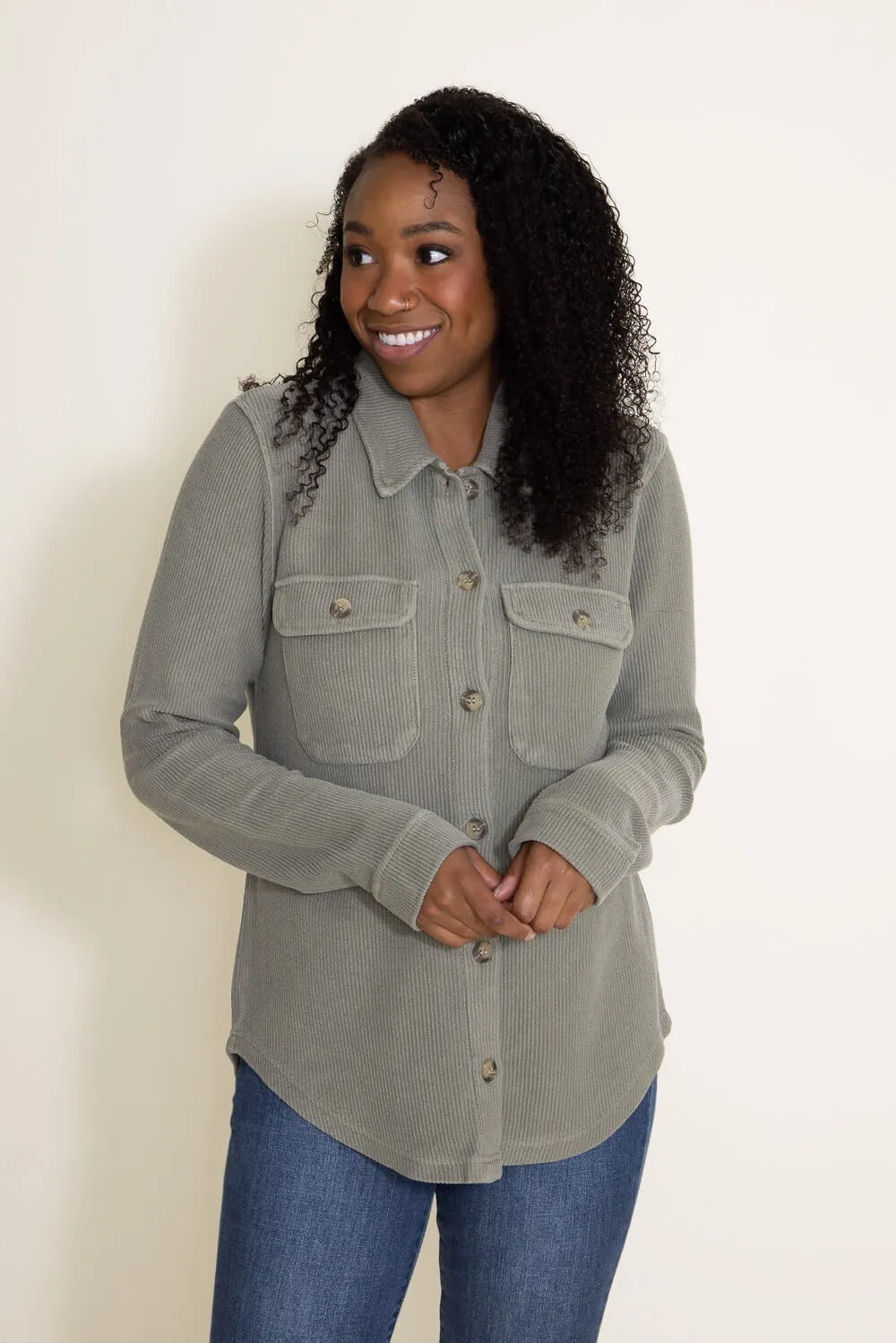 Thread & Supply Dominque Solid Shacket for Women in Olive Green | T238CPKTS-OLIVE sold by Glik’s product image thumbnail 4