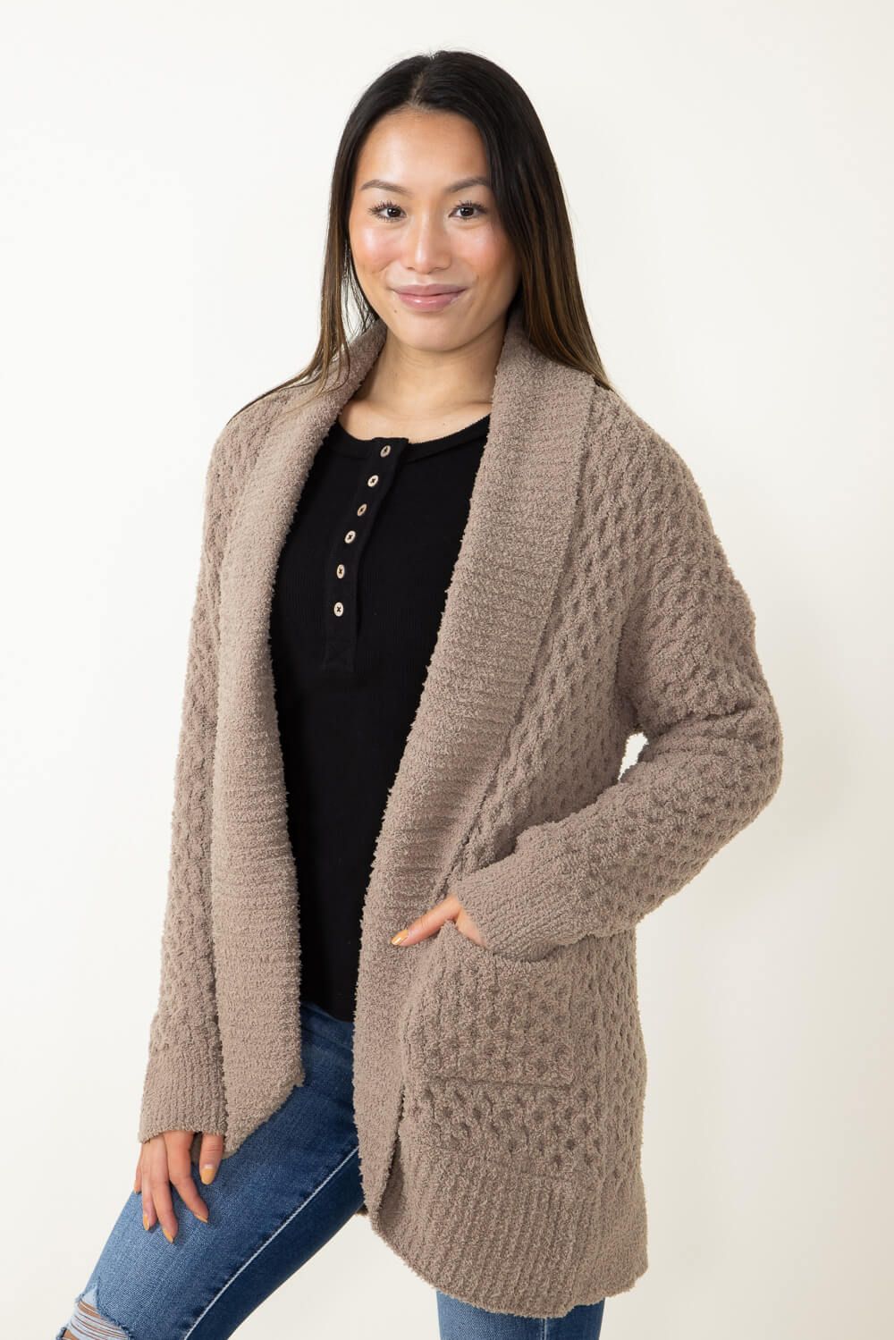 Comfy Textured Knit Sweater Cardigan for Women in Brown | 12W2940N-MOCHA sold by Glik’s product image thumbnail 3