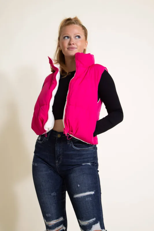 Love Tree Cropped Reversible Puffer Vest for Women in White/Fuchsia | 5070VY-FUCHSIA sold by Glik’s