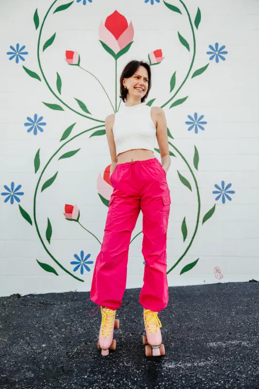 Love Tree Nylon Cargo Baggy Parachute Pants for Women in Pink | 6866PN-MAGENTA sold by Glik’s