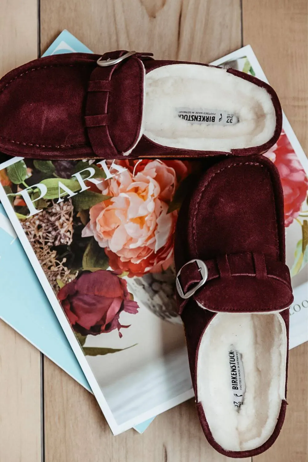 Birkenstock Buckley Shearling Suede Mules for Women in Maroon | 1020657 sold by Glik’s