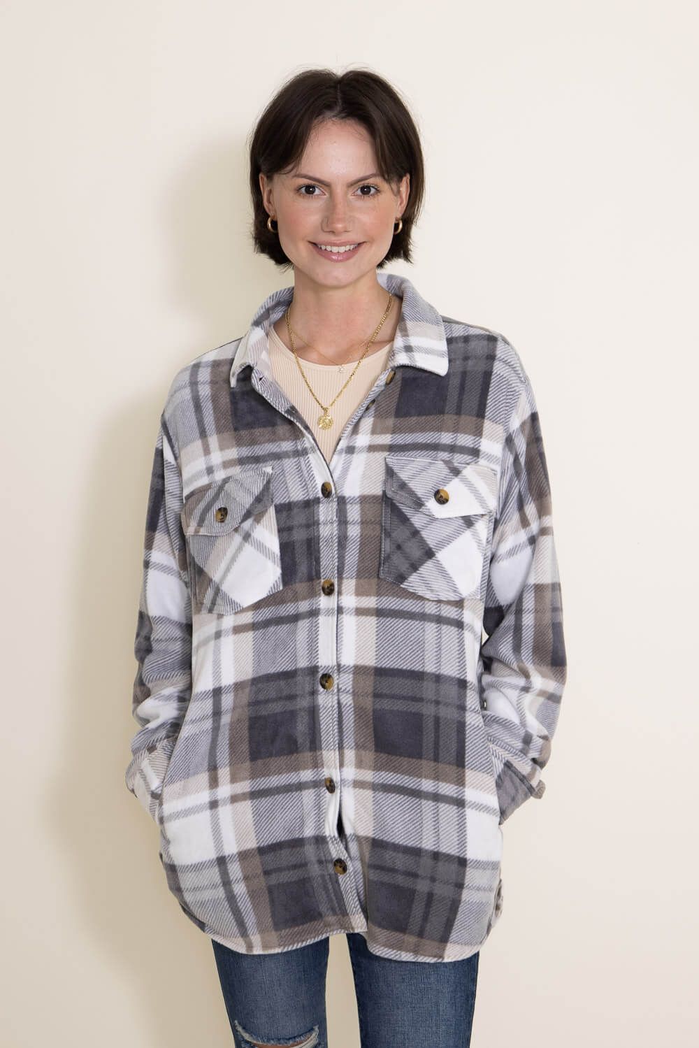 Thread & Supply Tullis Shacket for Women in Grey | J7711PFKTS-GREYKHAKIPLAID sold by Glik’s product image thumbnail 4