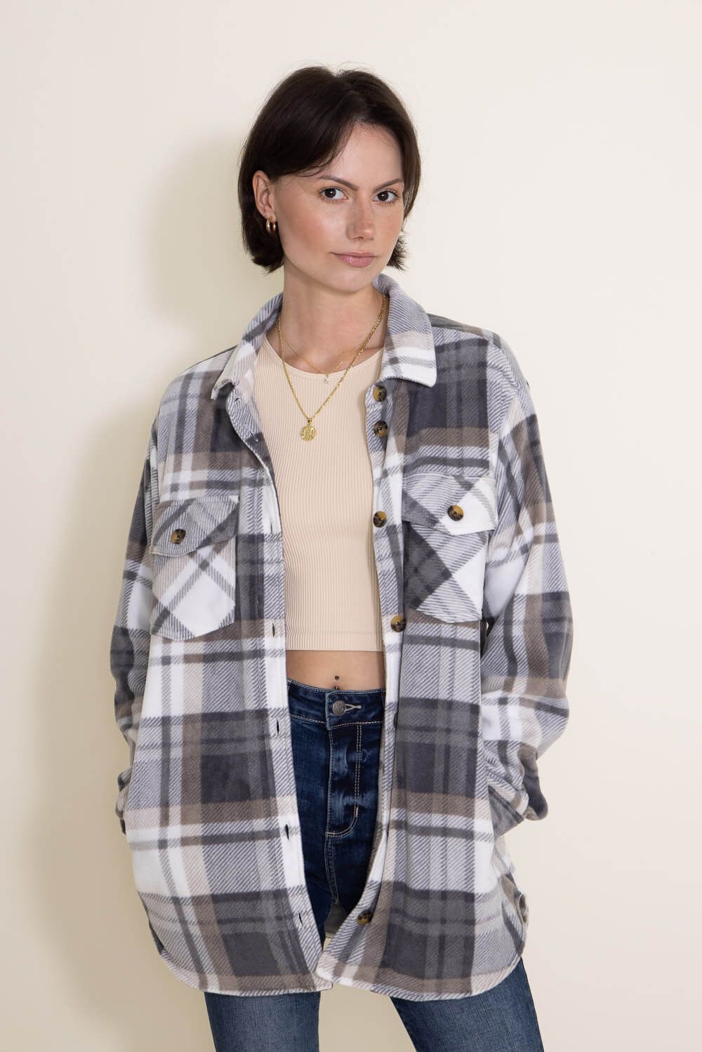 Thread & Supply Tullis Shacket for Women in Grey | J7711PFKTS-GREYKHAKIPLAID sold by Glik’s product image thumbnail 2