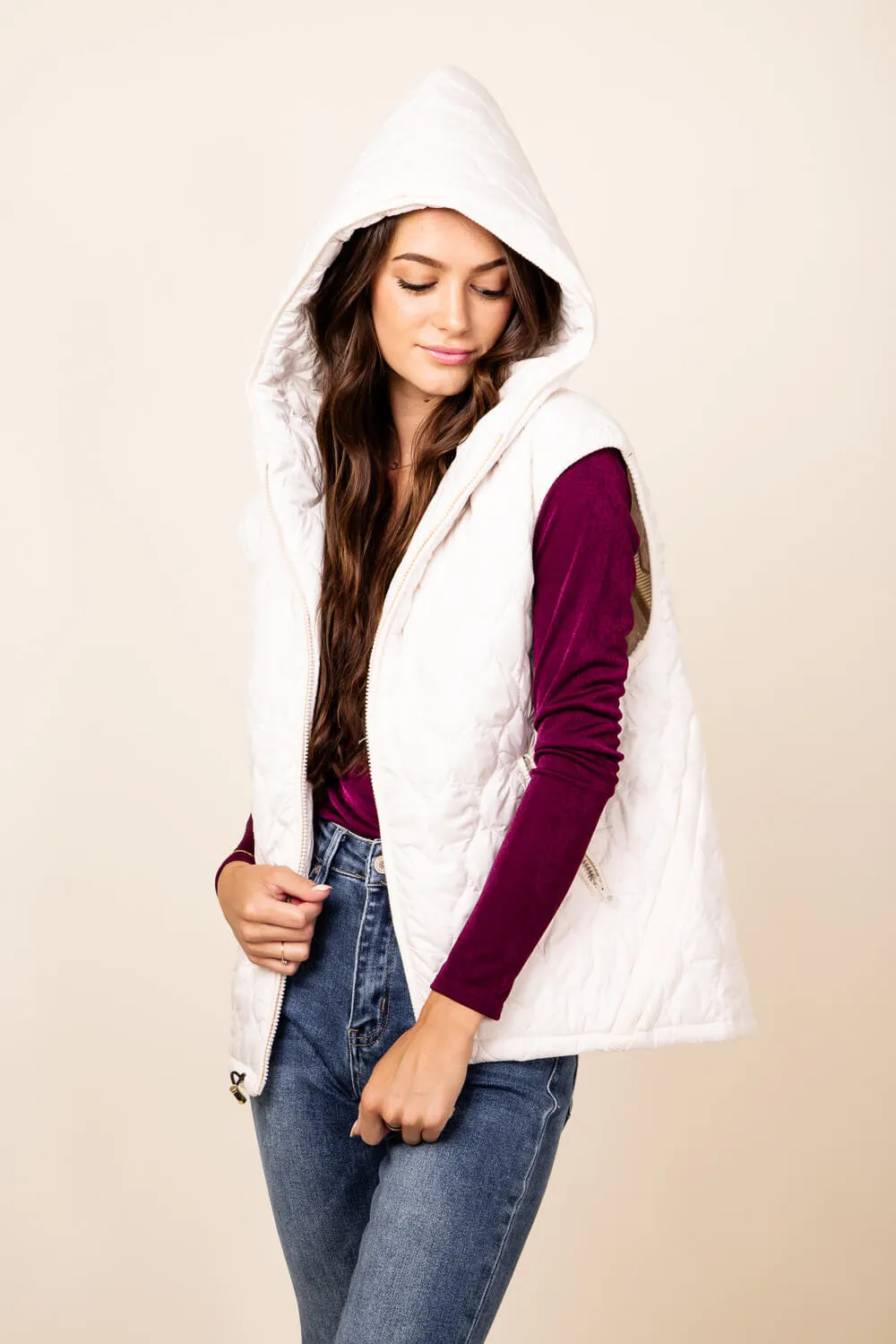 Hooded Quilted Zipper Puffer Vest for Women in Beige | IV413-BEI sold by Glik’s