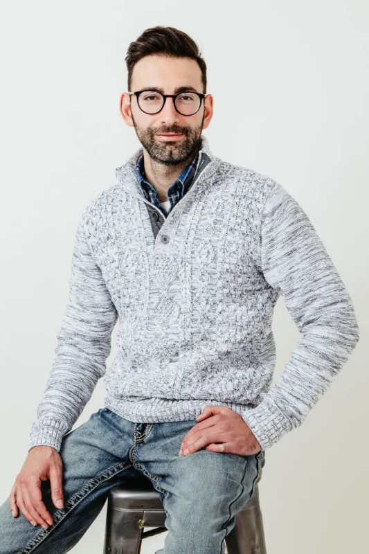 1897 Original 1/4 Cable Button Neck Sweater for Men in White and Grey | 2029GL-F23-WHITE/GREY sold by Glik’s