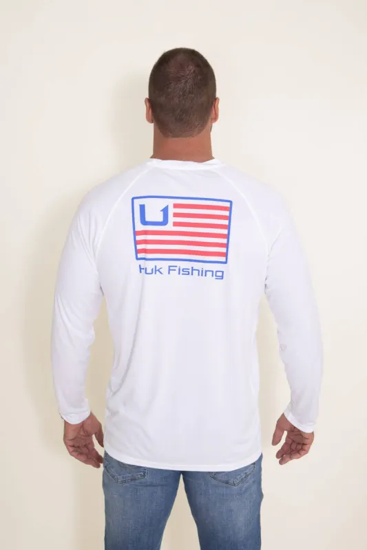Huk Fishing Huk and Bars Pursuit Long Sleeve Tee for Men in White | H1200502-100 sold by Glik’s