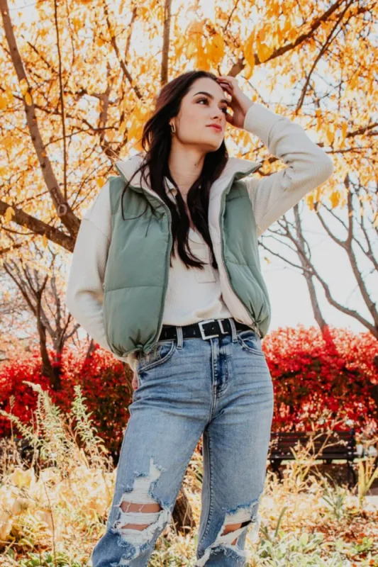 Love Tree Cropped Reversible Puffer Vest for Women in Olive/Beige | 5070VY-OLIVE sold by Glik’s