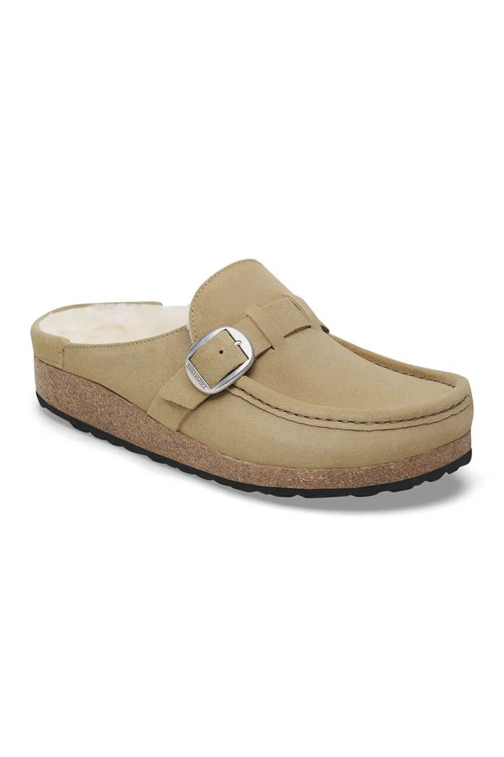 Birkenstock Buckley Shearling Suede Mules for Women in Taupe | 1028633 sold by Glik’s