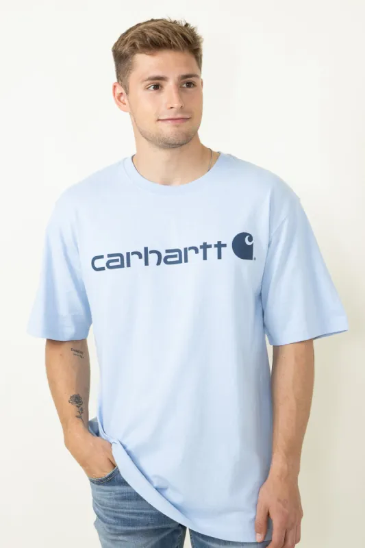Carhartt Loose Fit Heavyweight Logo Graphic T-Shirt for Men in Blue | K195-HC5-FOGBLUE sold by Glik’s