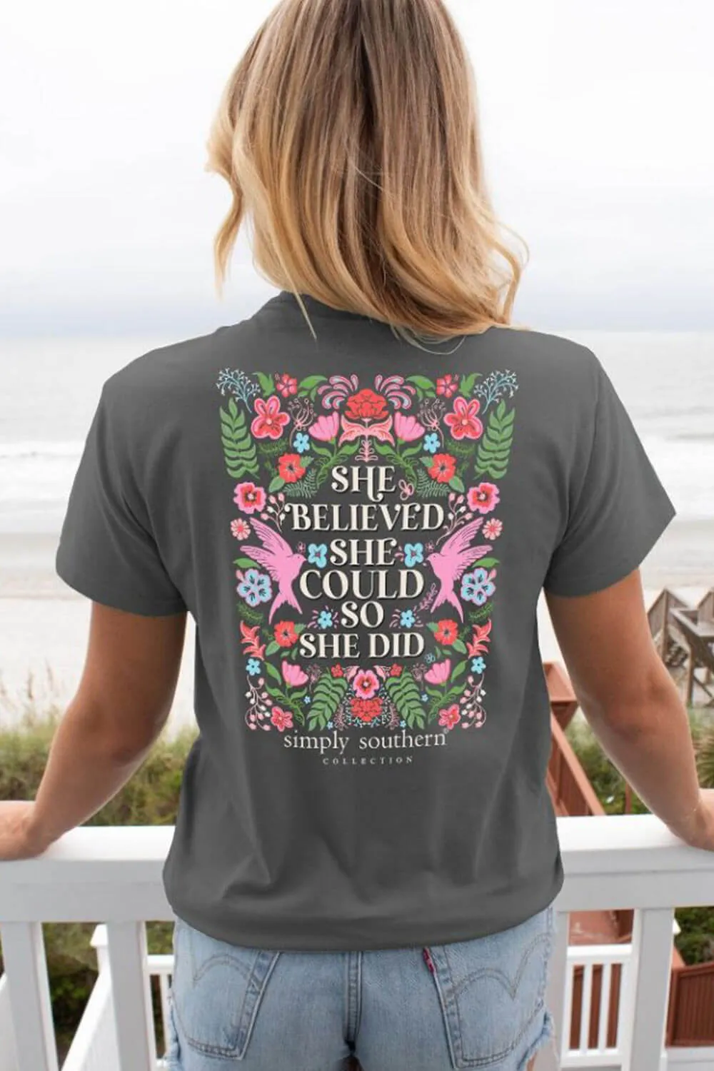 Simply Southern She Believed T-Shirt for Women in Grey | SS-SHE-GRAPHITEHTHR sold by Glik’s
