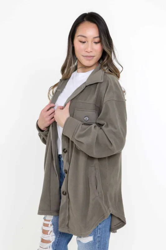 La Miel Sunset Fleece Shacket for Women in Army Green | JKT1712-FOG sold by Glik’s