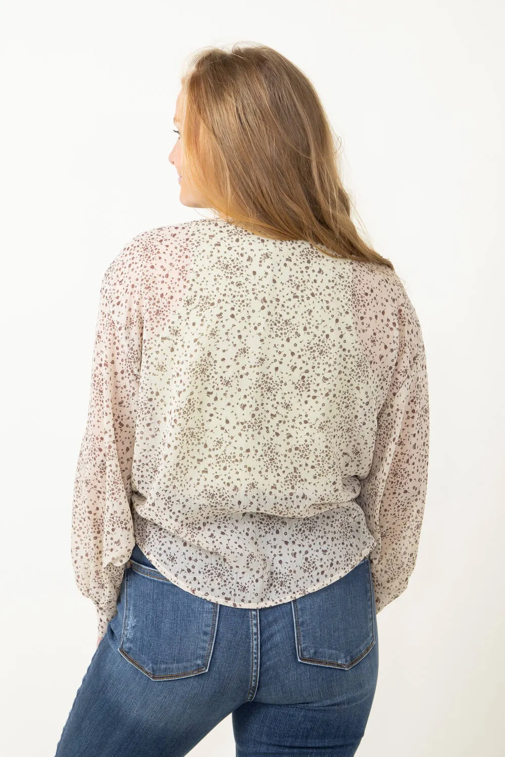 Sheer Tie Floral Blouse for Women in Beige | NC30963A-CEMENT sold by Glik’s product image thumbnail 2