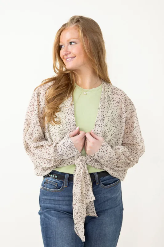 Sheer Tie Floral Blouse for Women in Beige | NC30963A-CEMENT sold by Glik’s