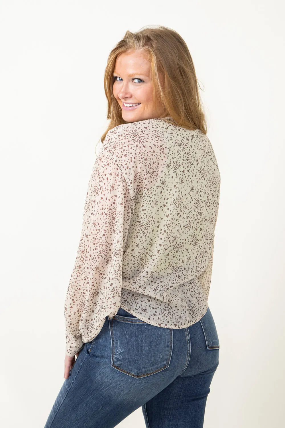 Sheer Tie Floral Blouse for Women in Beige | NC30963A-CEMENT sold by Glik’s product image thumbnail 5