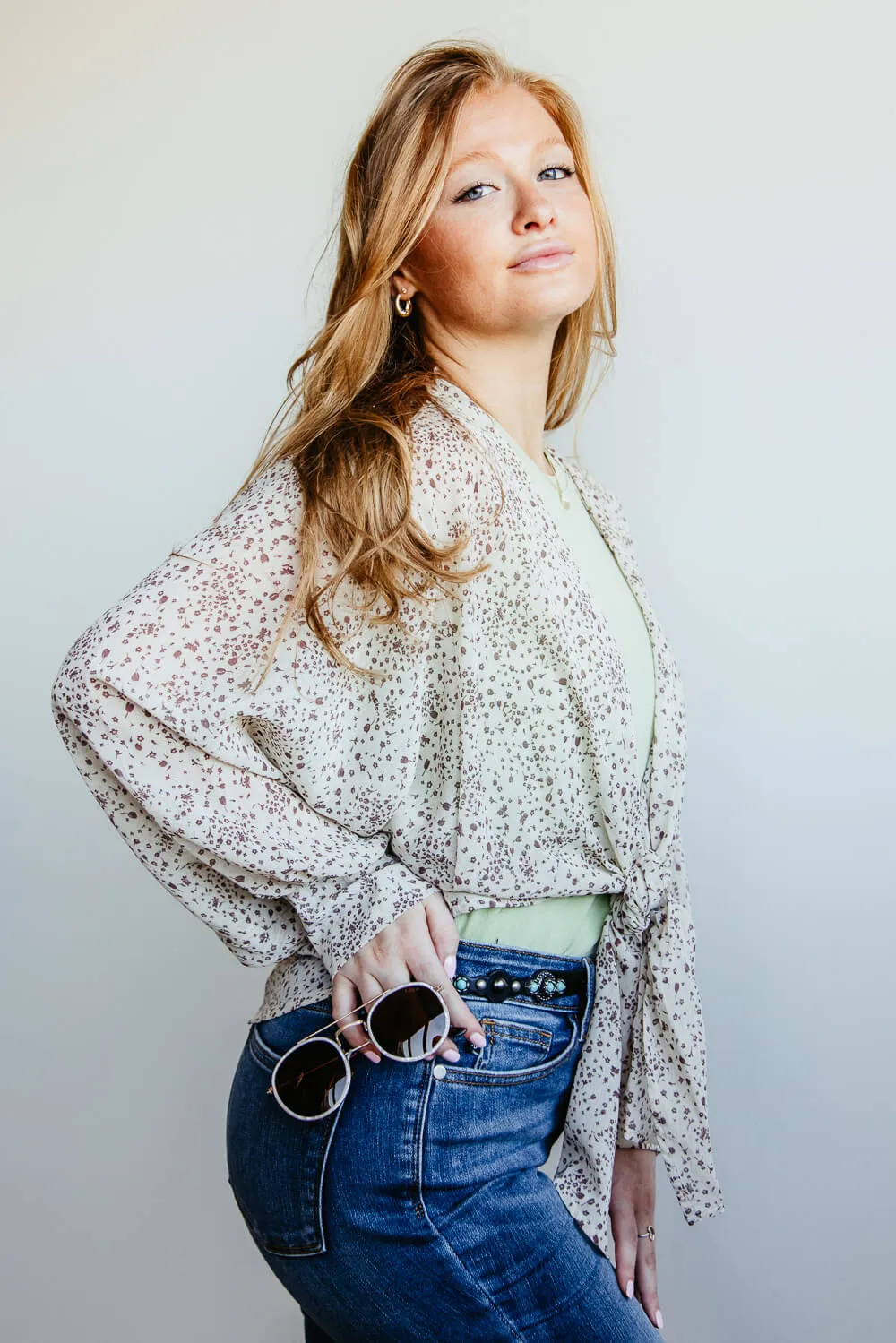 Sheer Tie Floral Blouse for Women in Beige | NC30963A-CEMENT sold by Glik’s product image thumbnail 3