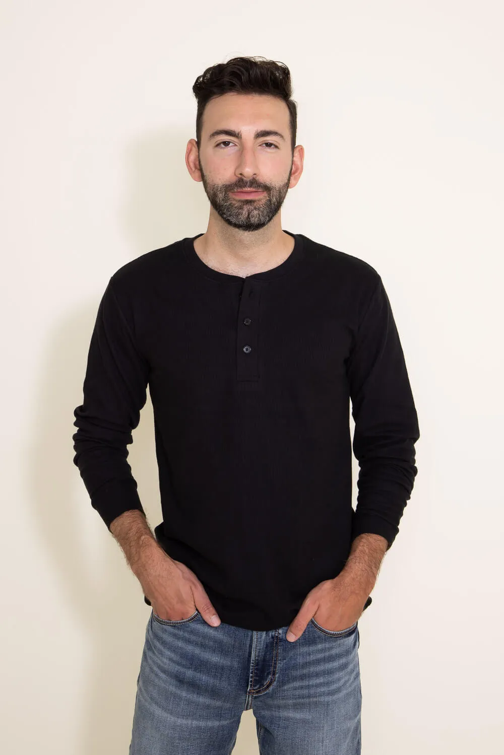 1897 Original Solid Henley Thermal Long Sleeve Shirt for Men in Black | DLST046-BLACK sold by Glik’s product image thumbnail 2