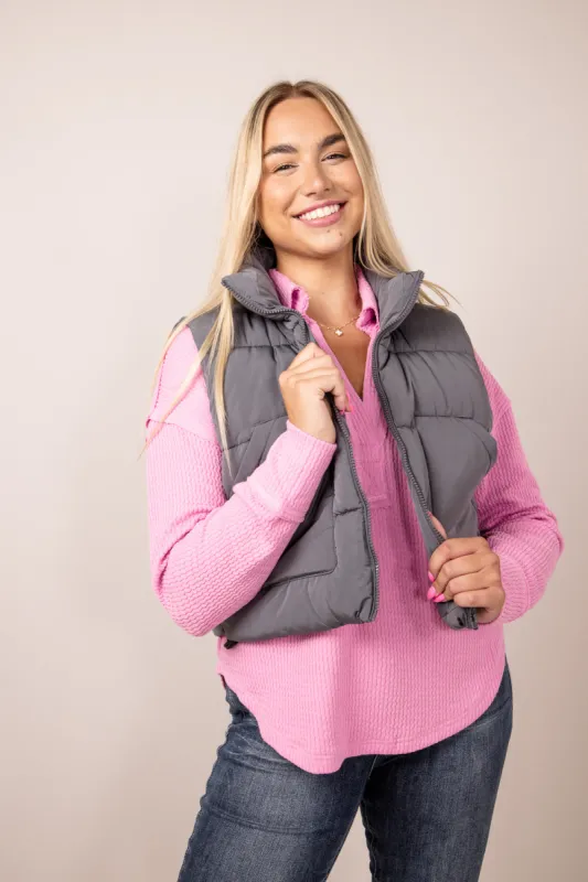 Love Tree Front Pocket Cropped Puffer Vest for Women in Slate | 5073VM-SLATE sold by Glik’s