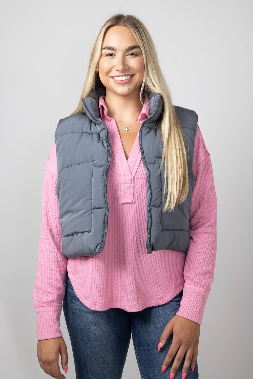 Love Tree Front Pocket Cropped Puffer Vest for Women in Slate | 5073VM-SLATE sold by Glik’s product image thumbnail 2