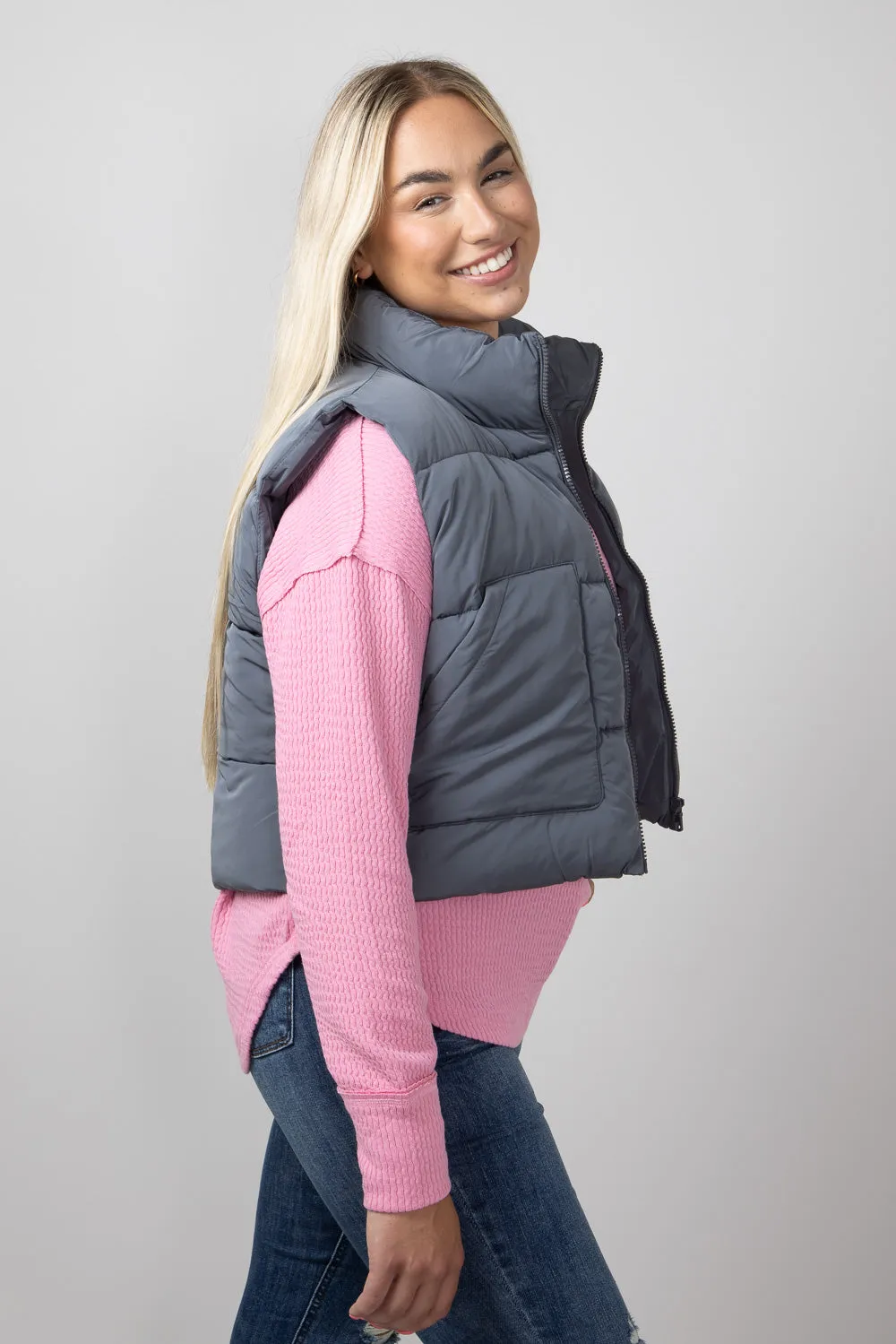 Love Tree Front Pocket Cropped Puffer Vest for Women in Slate | 5073VM-SLATE sold by Glik’s product image thumbnail 4