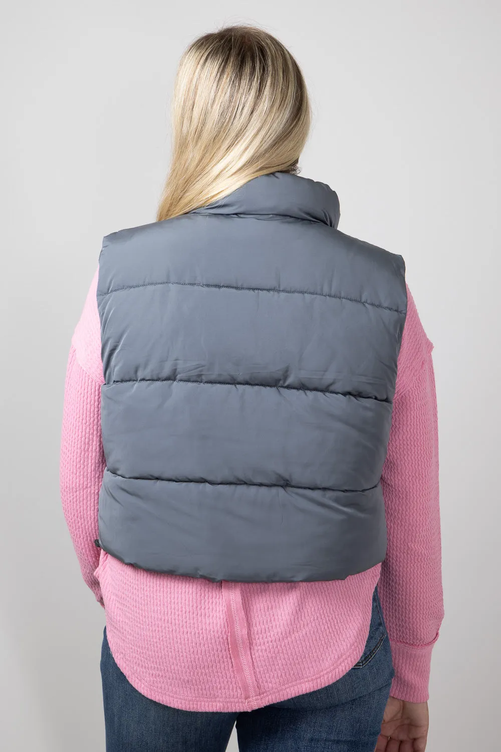 Love Tree Front Pocket Cropped Puffer Vest for Women in Slate | 5073VM-SLATE sold by Glik’s product image thumbnail 3