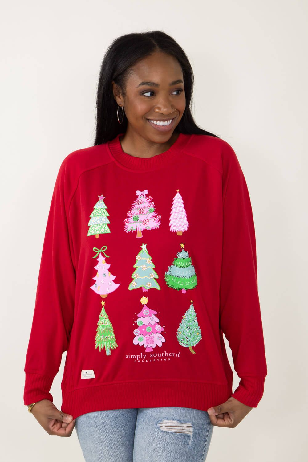 Simply Southern Christmas Tree Sweatshirt for Women in Red | RCREW-TREE-SCARLET sold by Glik’s