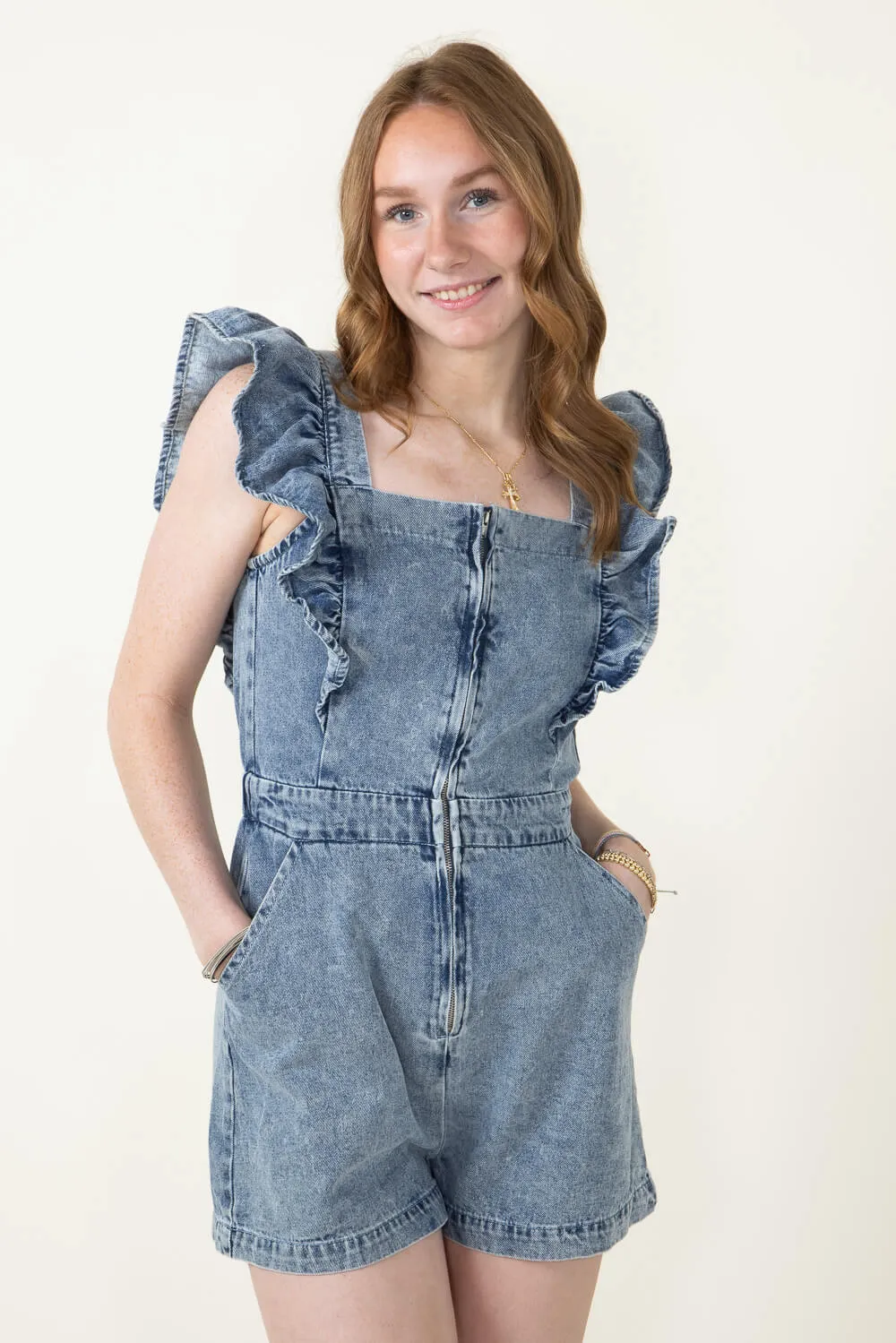 Ruffle Shoulder Denim Romper for Women in Denim | JM2570-1-DENIM sold by Glik’s