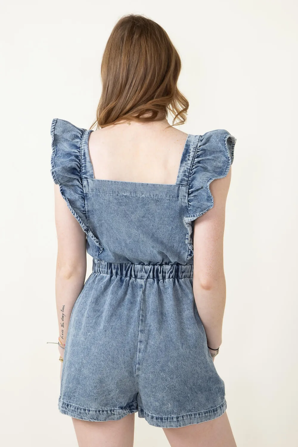 Ruffle Shoulder Denim Romper for Women in Denim | JM2570-1-DENIM sold by Glik’s product image thumbnail 3