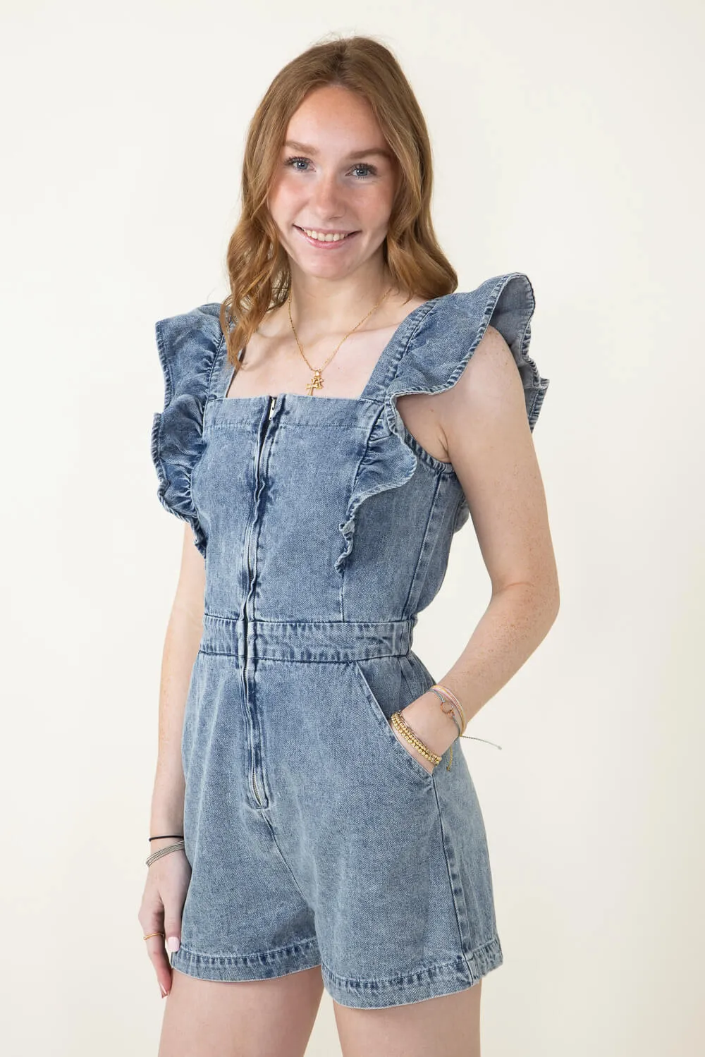 Ruffle Shoulder Denim Romper for Women in Denim | JM2570-1-DENIM sold by Glik’s product image thumbnail 5