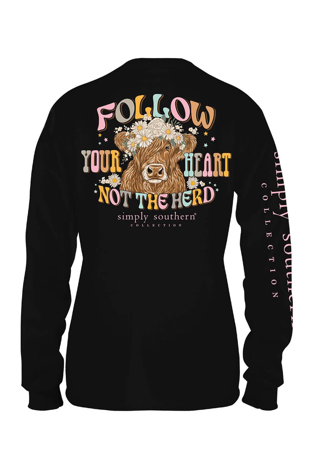 Simply Southern Plus Size Long Sleeve Follow Your Heart T-Shirt for Women in Black | EXT-LS-HERD-BLACK sold by Glik’s