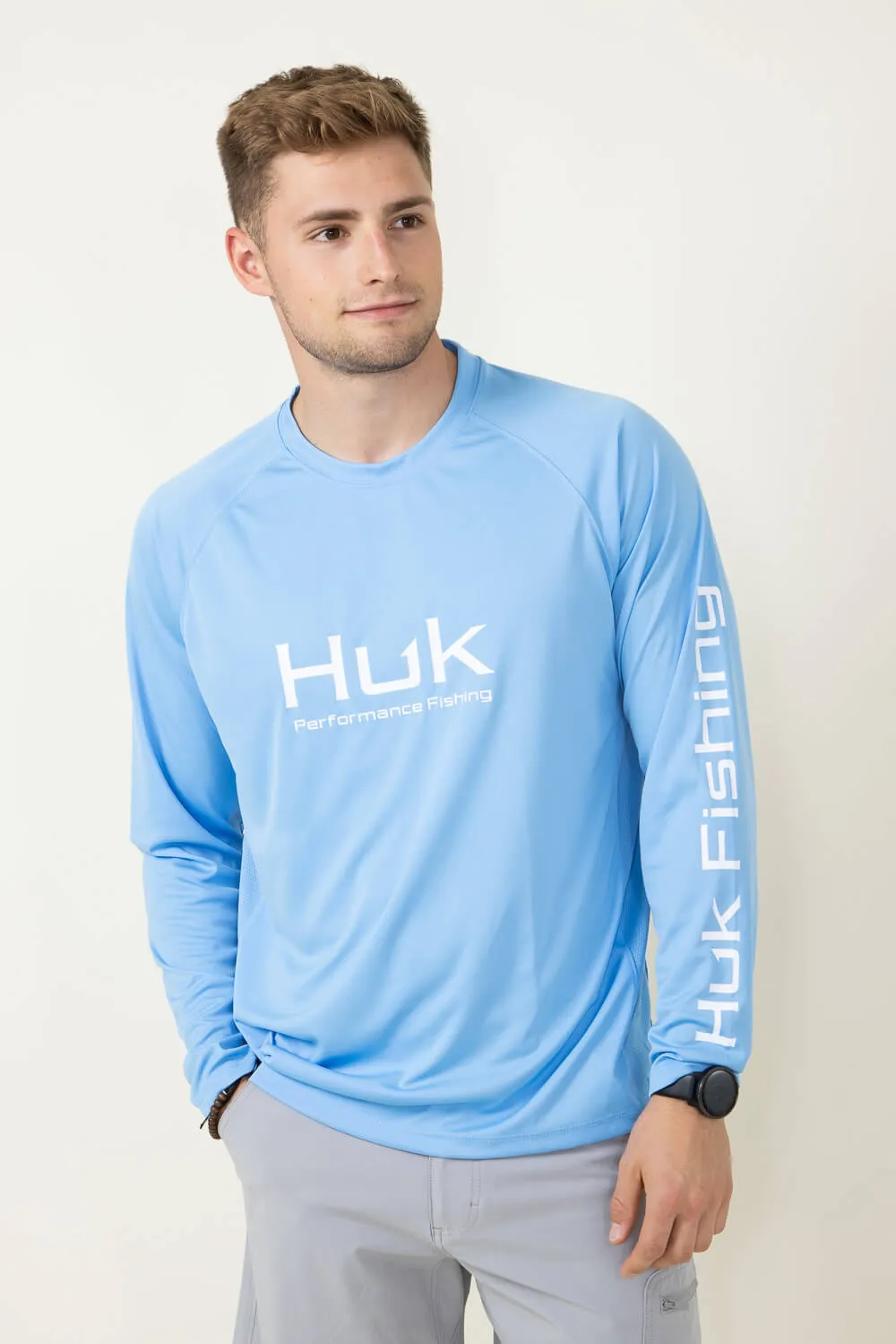 Huk Fishing Vented Pursuit Logo Graphic Long Sleeve Shirt for Men in Blue | H1200524-420-MAROLINABLUE sold by Glik’s