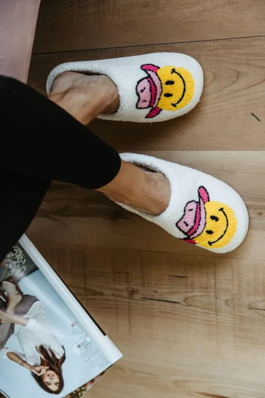 Cowboy Smiley Face Slippers for Women in White | KDC-SLPR-119-WHT sold by Glik’s