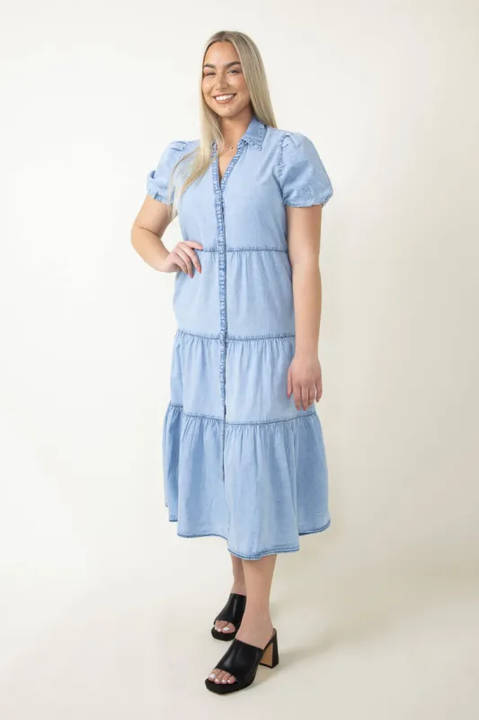 Elan Washed Denim Tiered Mini Dress for Women in Blue | DW5862-BLU sold by Glik’s