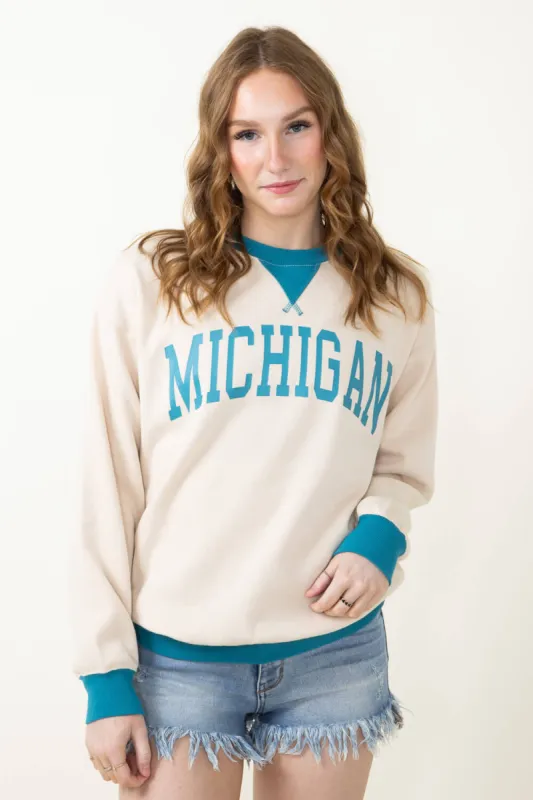 1897 Active Michigan Fleece Sweatshirt for Women in Cream/Blue | GGT086-CREAM sold by Glik’s