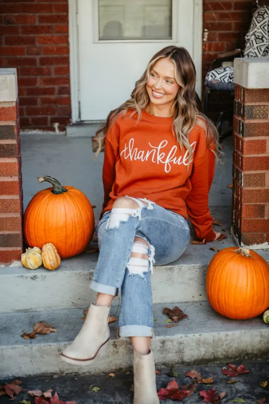 1897 Active Thankful Embroidered Fleece Sweatshirt for Women in Orange | GT052-THANKFUL-RUST sold by Glik’s