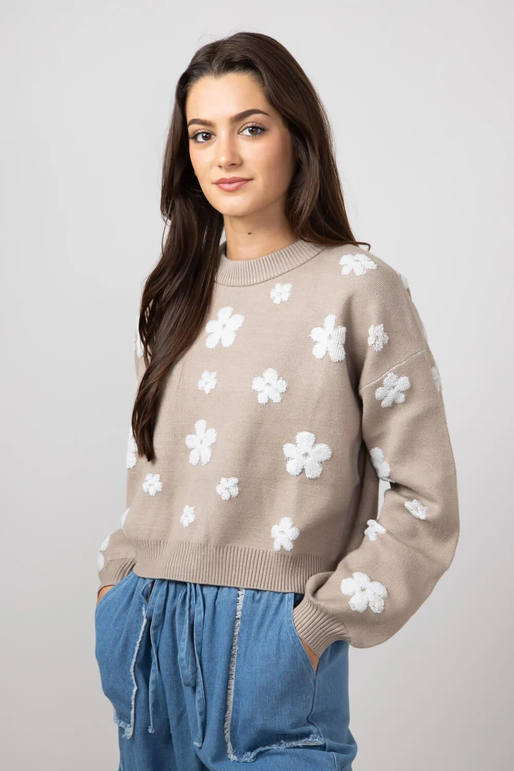 Simply Southern Cropped Flower Sweater for Women in Tan | PP-0224-SWTR-CRP-FLWR sold by Glik’s product image thumbnail 2