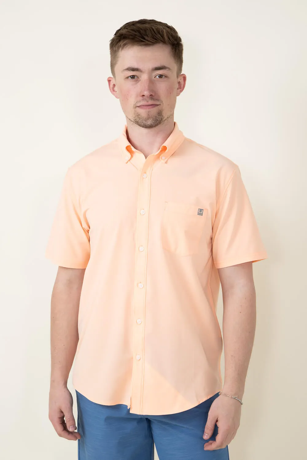 Huk Fishing Kona Button Down Shirt for Men in Orange | H1500154-824-PEACHNECTAR sold by Glik’s
