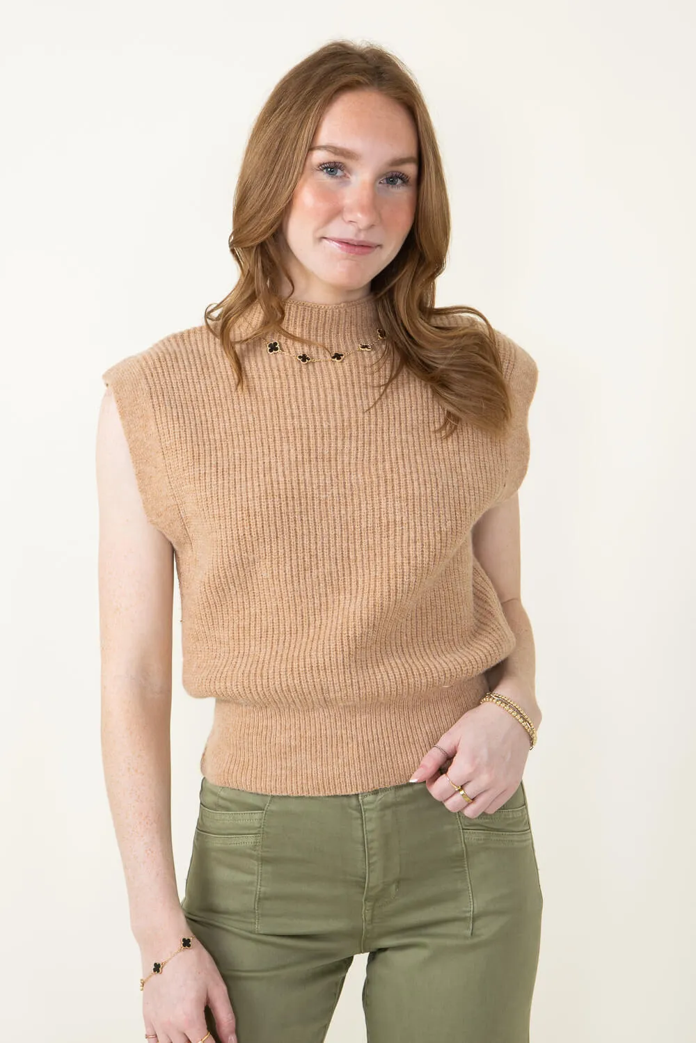 Mock Neck Sweater Vest for Women in Camel | MT1546-CAMEL sold by Glik’s