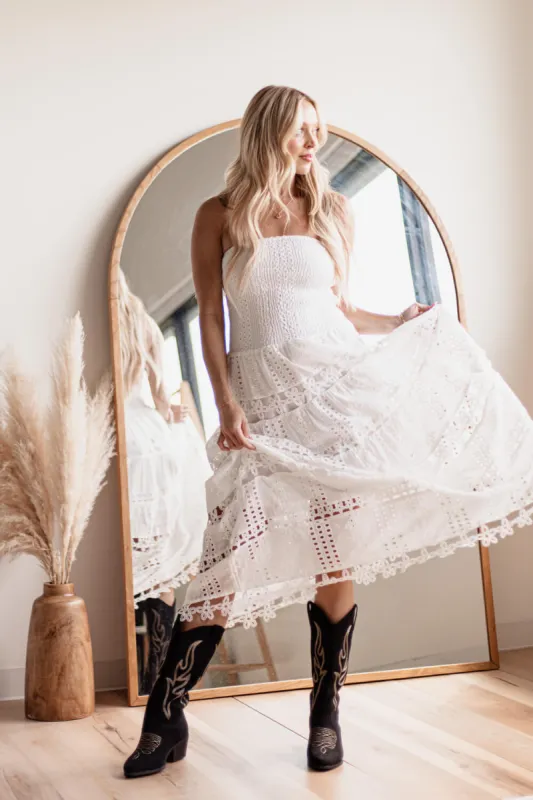 Eyelet Lace Strapless Midi Dress for Women in White | D-2192-H-WHT sold by Glik’s