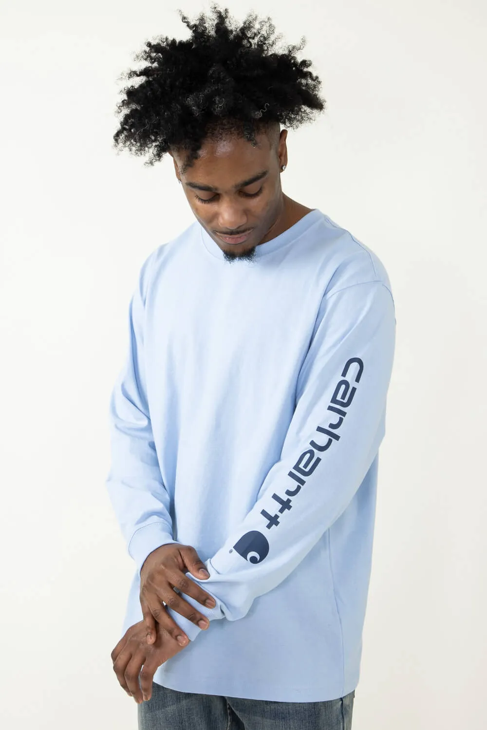 Carhartt Long Sleeve Logo T-Shirt for Men in Light Blue | K231-HC5-FOGBLUE/NAVY sold by Glik’s