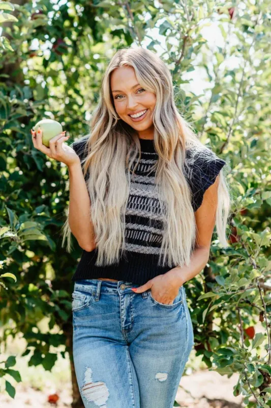 Elan Textured Short Sleeve Sweater for Women in Navy Multi | SWS10890-NVY sold by Glik’s