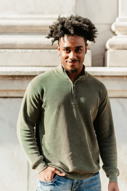 Sand Washed ¼ Zip Sweater for Men in Green | 9050-OLIVE sold by Glik’s