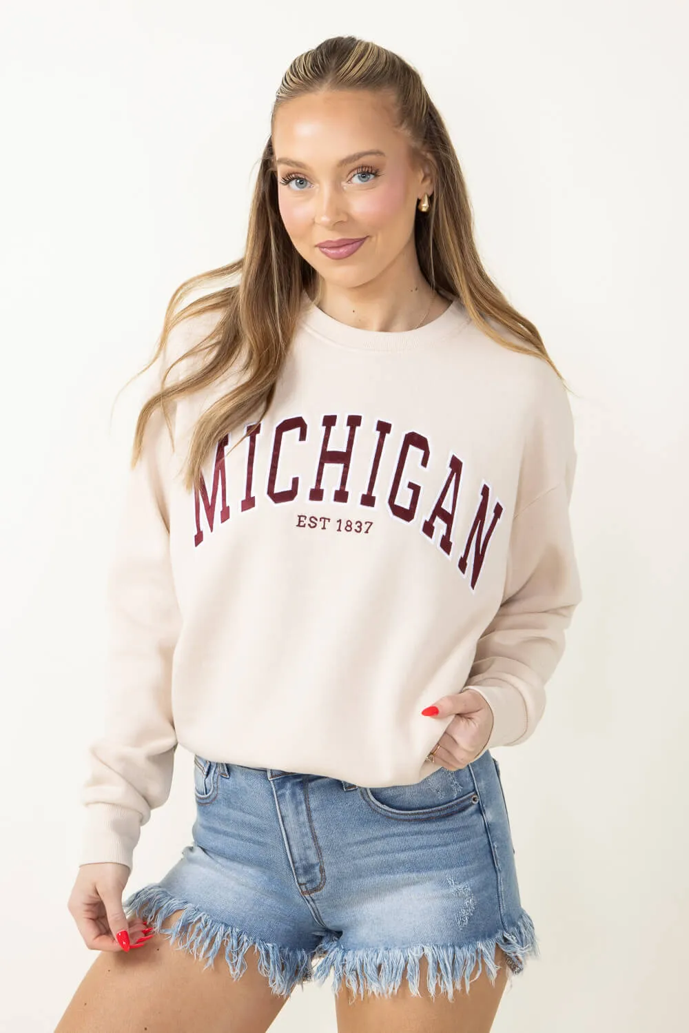 1897 Active Embroidered Michigan Fleece Sweatshirt for Women in Cream | GT-079-CREAM sold by Glik’s product image thumbnail 3