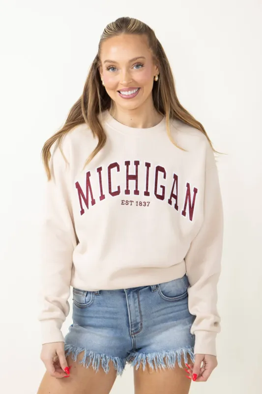 1897 Active Embroidered Michigan Fleece Sweatshirt for Women in Cream | GT-079-CREAM sold by Glik’s
