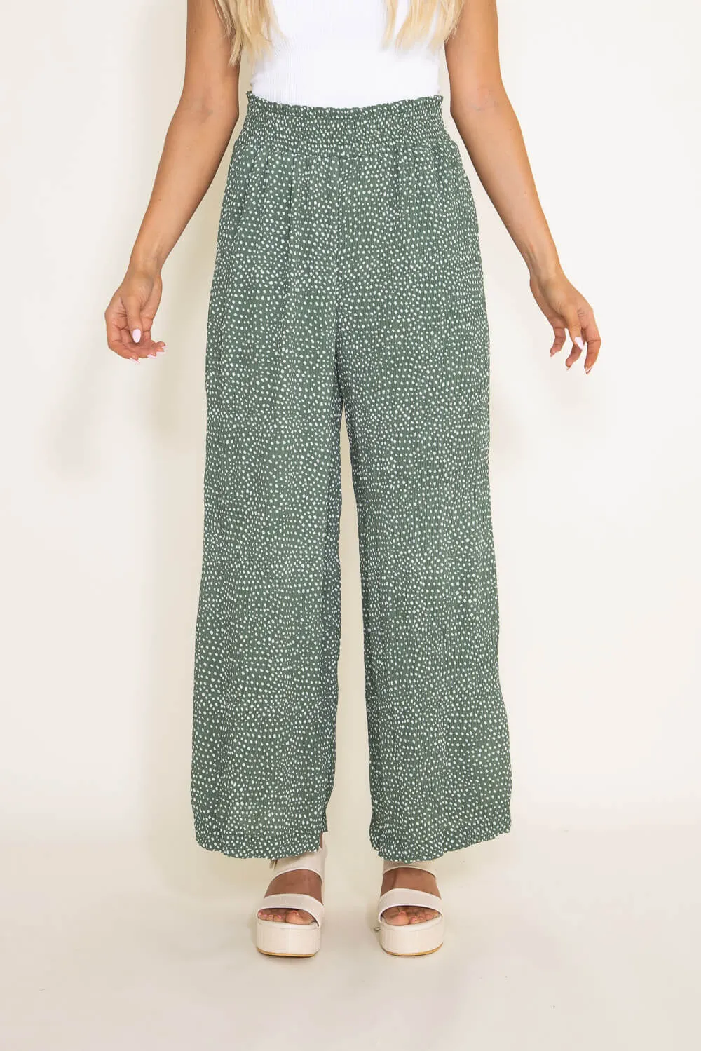 Dotted Smocked Waist Wide Leg Pants for Women in Green | NP70125-GREENDOTTED sold by Glik’s product image thumbnail 4
