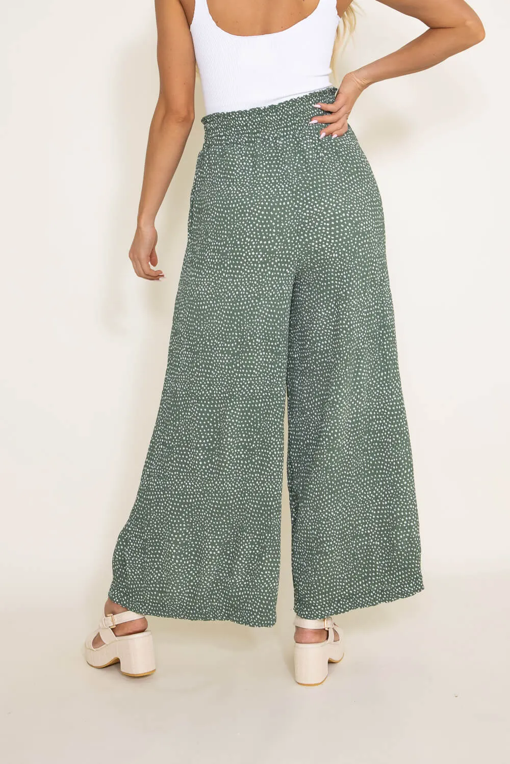 Dotted Smocked Waist Wide Leg Pants for Women in Green | NP70125-GREENDOTTED sold by Glik’s product image thumbnail 3