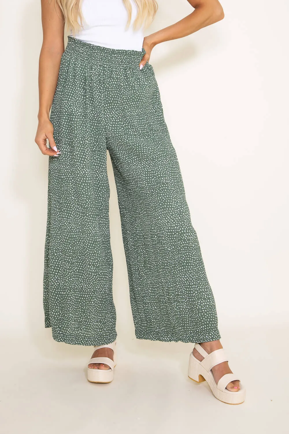 Dotted Smocked Waist Wide Leg Pants for Women in Green | NP70125-GREENDOTTED sold by Glik’s