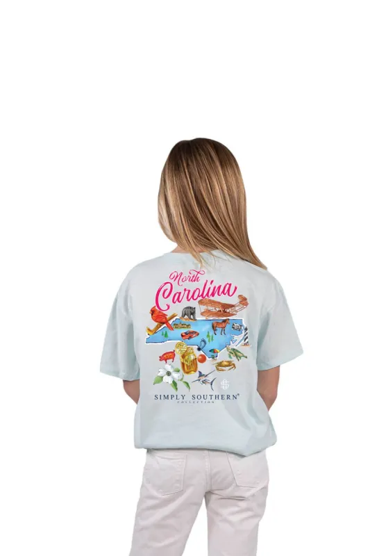 Simply Southern Youth North Carolina T-Shirt for Girls in Breeze Blue | YTH-SS-STATES-NC-BREEZE sold by Glik’s