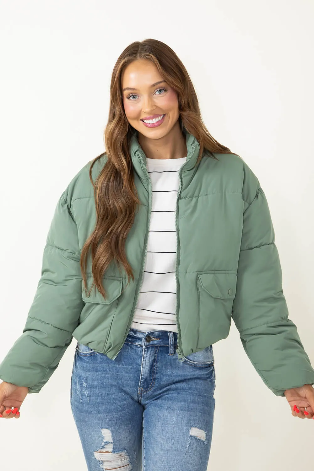 Love Tree Waist Length Puffer Jacket for Women in Green | 80192JH-GRASSGREEN sold by Glik’s product image thumbnail 4