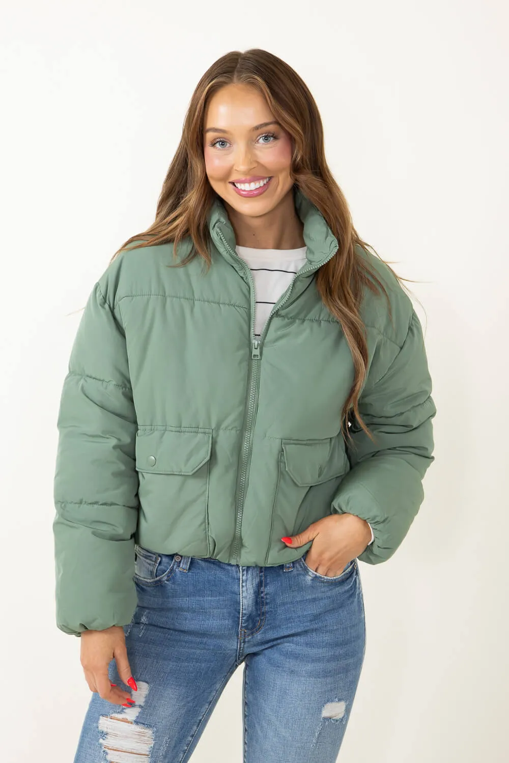Love Tree Waist Length Puffer Jacket for Women in Green | 80192JH-GRASSGREEN sold by Glik’s product image thumbnail 2