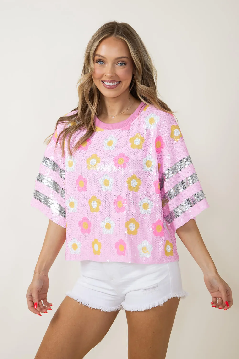 Simply Southern Sequin Top Daisy Shirt for Women in Pink | PP-0124-TOP-SQN-FLWR sold by Glik’s